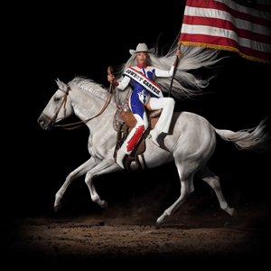 Beyonce sits upon a horse in a cowboy hat waving the American flag